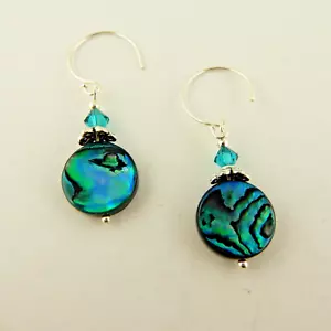 Sterling Silver earrings Made w/ 12mm Abalone Coin gemstones & Swarovski crystal - Picture 1 of 3