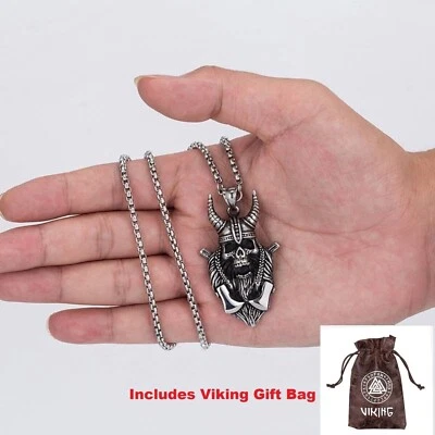 Viking Tribal Pagan Norse Head Skull Pendant Necklace Stainless Steel + GIFT BAG - Image 1 of 4