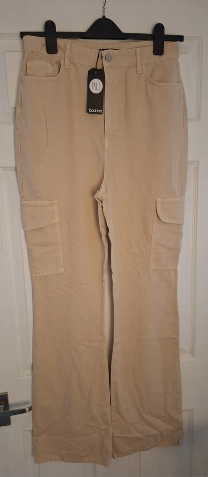 Boohoo Tall Stone Beige Flared Cargo Trousers UK 12 BNWT - Image 1 of 3