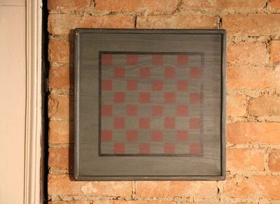 Primitive Handmade Wood Checkerboard Green Red Black Border Distressed Rustic - Image 1 of 3