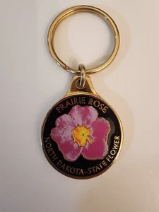 Vintage Souvenir North Dakota Prärie Rose Blume Gold Landschaft Schlüsselanhänger Ring - Bild 1 von 4