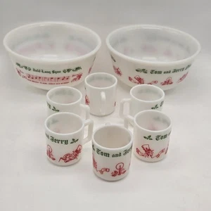 Vtg 1950s Hazel Atlas Milk Glass Punch Bowl Set 2 Bowls 6 Mugs Eggnog Christmas - Picture 1 of 16