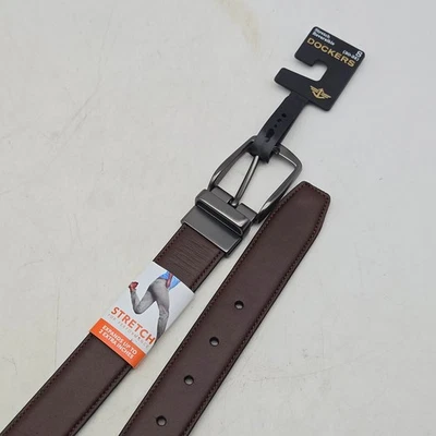Ремень докера коричневый черный двусторонний из искусственной кожи эластичный мужской с пряжкой 32 никеля - Изображение 1 из 4