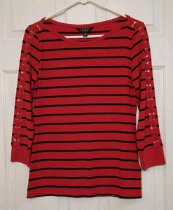 Lauren Ralph Lauren Damen 3/4 Ärmel Top Größe Large rot gestreift UVP $ 69,50 neu mit Etikett - Bild 1 von 14