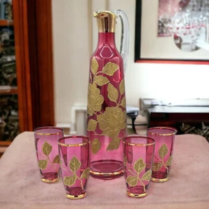 Vtg Mid Century Pink Ruby Glass Decanter With 4 Glasses Cups Applied Gold Roses - Picture 1 of 18