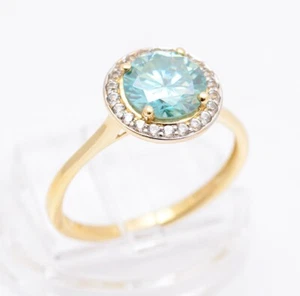 9ct 9K Yellow Gold & Cyan Moissanite Gemstone Ring With Halo & London Hallmark - Picture 1 of 13