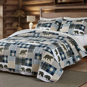Cabin Quilt Set Queen, Christmas Rustic Quilt Coverlet Bed Set, 3-Piece Light... - Picture 1 of 7