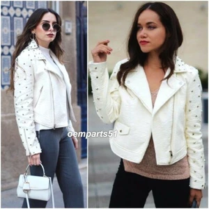 ZARA ECRU STUDDED FAUX LEATHER BIKER JACKET SIZE XS UK 6 - Picture 1 of 12
