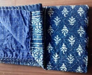 Queen Blue Indigo Kantha Quilt Indian Reversible Bedspread Bedding Throw Blanket - Picture 1 of 3