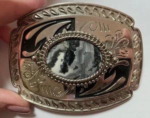 Vintage late 70s Stainless Steel Extra Large Black Crazy Lace Agate Belt Buckle - Picture 1 of 3