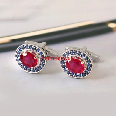 Heated Ruby & Lab Created Sapphire With 925 Sterling Silver Cufflinks #1230 - Image 1 of 4