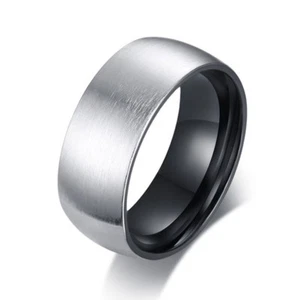 8mm Brushed Silver Men's Black Plating Band Stainless Steel Jewelry Ring Sz 7-12 - Picture 1 of 6