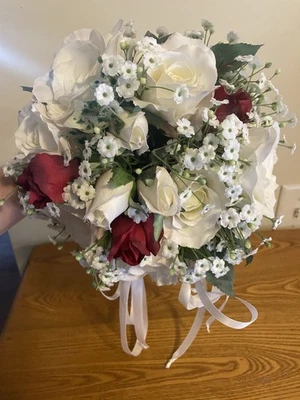 Wedding Bride Silk Red and White Roses with Baby’s  Breath Flower Bouquet - Image 1 of 4