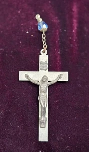 Antik Italienisch Silber Ton Kruzifix Kreuz Anhänger Rosenkranz mit Blauer Perle 2,25" - Bild 1 von 4