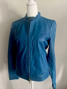 Banana Republic Blau Echtleder Moto Biker Jacke Gold Reißverschluss S - Bild 1 von 11
