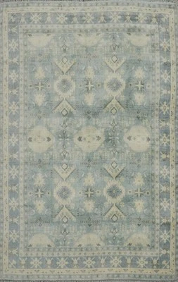 Geometric Oriental Blue Oushak Area Rug Hand-knotted Transitional Carpet 5x8 - Image 1 of 4