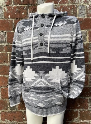 American Eagle Knit Henley Hoodie Southwestern Aztec Sz L Grey Mix  - Image 1 of 4