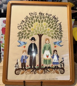 Vtg “Give Us This Day Our Daily Bread” Needlepoint Crewel Primitive Family 12x15 - Picture 1 of 15