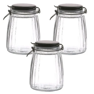 3Pcs 1.5Litre Glass Food Jar Preserving Black Cliptop Storage Coffee Canister - Picture 1 of 2