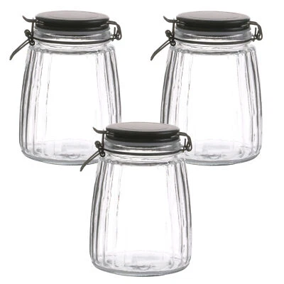 3Pcs 1.5Litre Glass Food Jar Preserving Black Cliptop Storage Coffee Canister - Image 1 of 2