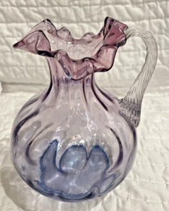 Fenton Mulberry Coin Dot Purple Ombré Art Glass 7" Pitcher Ewer Reeded Handle - Picture 1 of 18