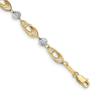 14K Gold Two-tone Oval Links with Diamond Cut Beads Bracelet 7.25" - Picture 1 of 3