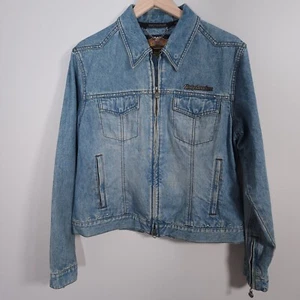 Harley Davidson Jacke Damen Large Blau Denim Schwarz Leder Prägung Adler - Bild 1 von 9