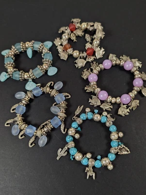 Лот из 5 пляжных браслетов с бисером серебристые металлические бусины с подвесками рыба креветки - Изображение 1 из 4