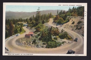 c1925 Autos in der Nähe von Gipfel Siskyous Mountains Pacific Highway Oregon Postkarte - Bild 1 von 2