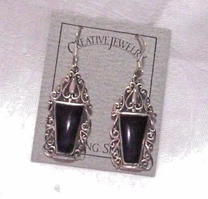 PENDIENTES COLGANTES ONYX CON INCRUSTACIONES MARCO DE DESPLAZAMIENTO PLATA ESTERLINA 1 1/8" NUEVOS   - Imagen 1 de 2