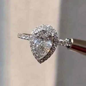 2.30CTW Pear Cut Moissanite Halo Wedding & Engagement Ring 14k White Gold Plated - Picture 1 of 9