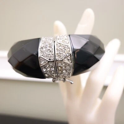 Ann Taylor bracelet Art Deco chunky navy faceted Lucite silvertone hinged signed - Image 1 of 4