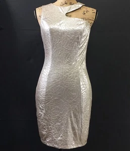 NEW Guess Gold Floral Shimmer Size Medium One Shoulder Short Dress Stretch Lined - Picture 1 of 5