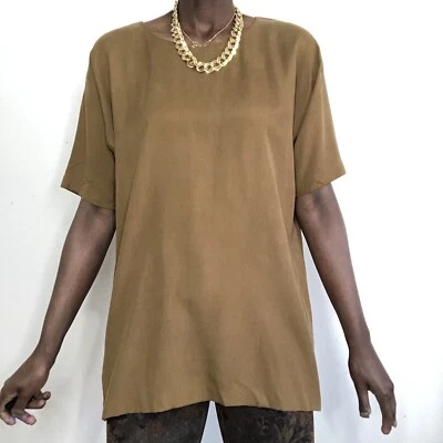 Camiseta de seda minimalista vintage década de 1990 Donna Karen bronze tamanho pequeno - Imagem 1 de 4