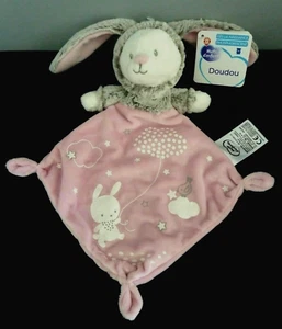 *. DOUDOU PLAT MOTS D'ENFANTS OURS ROSE BLANC GRIS CAPUCHE LAPIN - 100% NEUF - Foto 1 di 3
