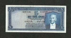 Türkiye (Turkey) 5 LIRA 1930 (ND 1959-1968) Prefix E26 P#173b VF+ - Picture 1 of 2