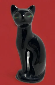Vintage Sleek 7 3/4” Tall Black MCM Ceramic Siamese Cat Figurine Green Eyes - Picture 1 of 7