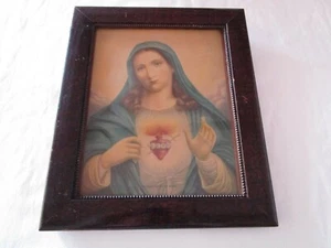 Antique Sacred Heart Of Mary Lithograph wood frame w/ glass early 1900's 12.5" t - Picture 1 of 11