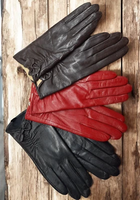 Ladies Womens Premium Quality Real Soft Leather Gloves Fur Lined Warm Bow Detail - Image 1 of 4
