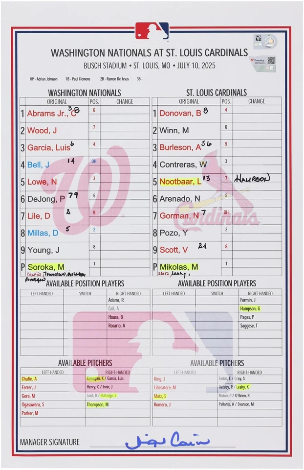 Tarjeta de alineación GU de los Nacionales de Washington contra los Cardenales de San Luis el 10 de julio de 2025 Foto 1 de 1