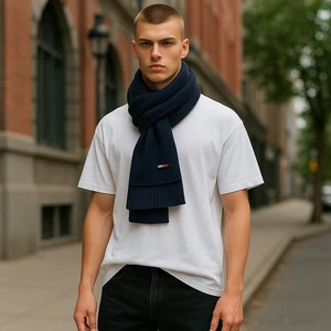Tommy Hilfiger Flag Hombre Bufanda OS Azul Oscuro Tight-Knit Bordado Logo Unisex - Imagen 1 de 8