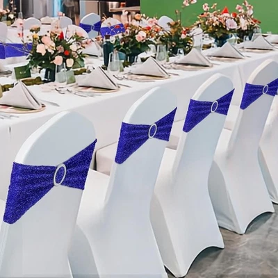 50 piezas marcos de silla de lentejuelas elásticas unilaterales brillo spandex bandas de silla con hebilla Foto 1 de 4