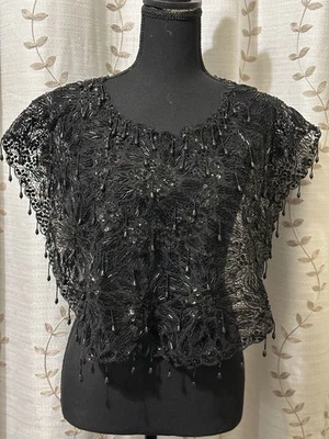 Винтажный бисером шаль бахрома шарф воротник блестки плащ плащ черный - Изображение 1 из 4