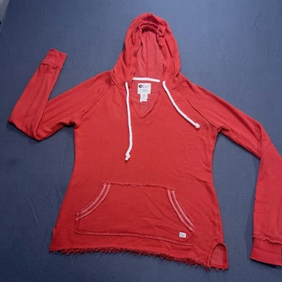 Billabong Lightweight Long Sleeve Pullover Hoodie Red Frayed Edging Y2K - Image 1 of 4