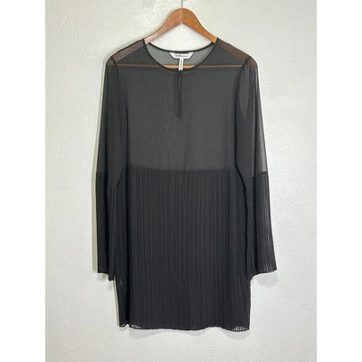 BCBG Generation Sheer Dress M Black Pleated Skirt Sleeves Glam Goth Dark Fairy  - Image 1 of 4