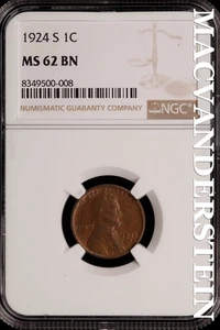 1924-S Lincoln Wheat Cent - NGC MS 62 BN - Scarce  No Reserve  #SLH83 - Picture 1 of 2