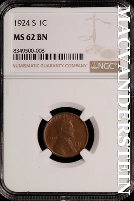 1924-S Lincoln Wheat Cent - NGC MS 62 BN - Scarce  No Reserve  #SLH83 - Image 1 of 2