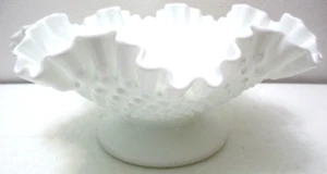 Vintage Fenton Footed Large Serving Bowl Milk Glass Hobnail Crimped 10 1/2" D - Picture 1 of 6