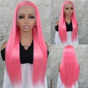 Pelucas delanteras de encaje rosa sintéticas sin pegamento peluca larga recta cabello resistente al calor - Imagen 1 de 8
