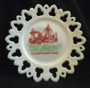 Vintage Milk Glass Club And Shell Border U.S. Battleship Maine Plate 7 Inches - Picture 1 of 6